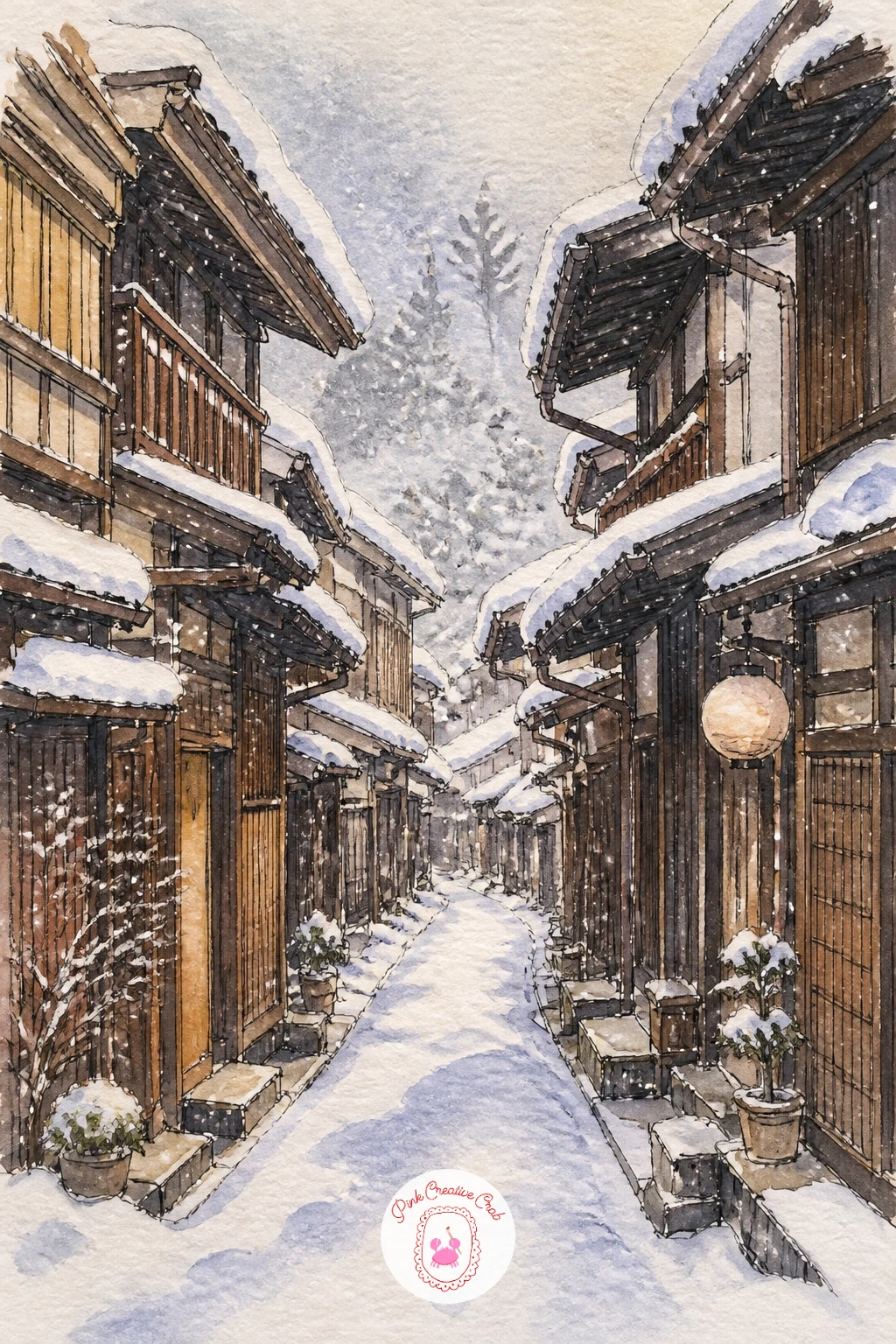 Narrow Snowy Street of Wooden Merchant Houses in Takayama — Return to street level with a narrow Takayama street, tall wooden merchant houses leaning close