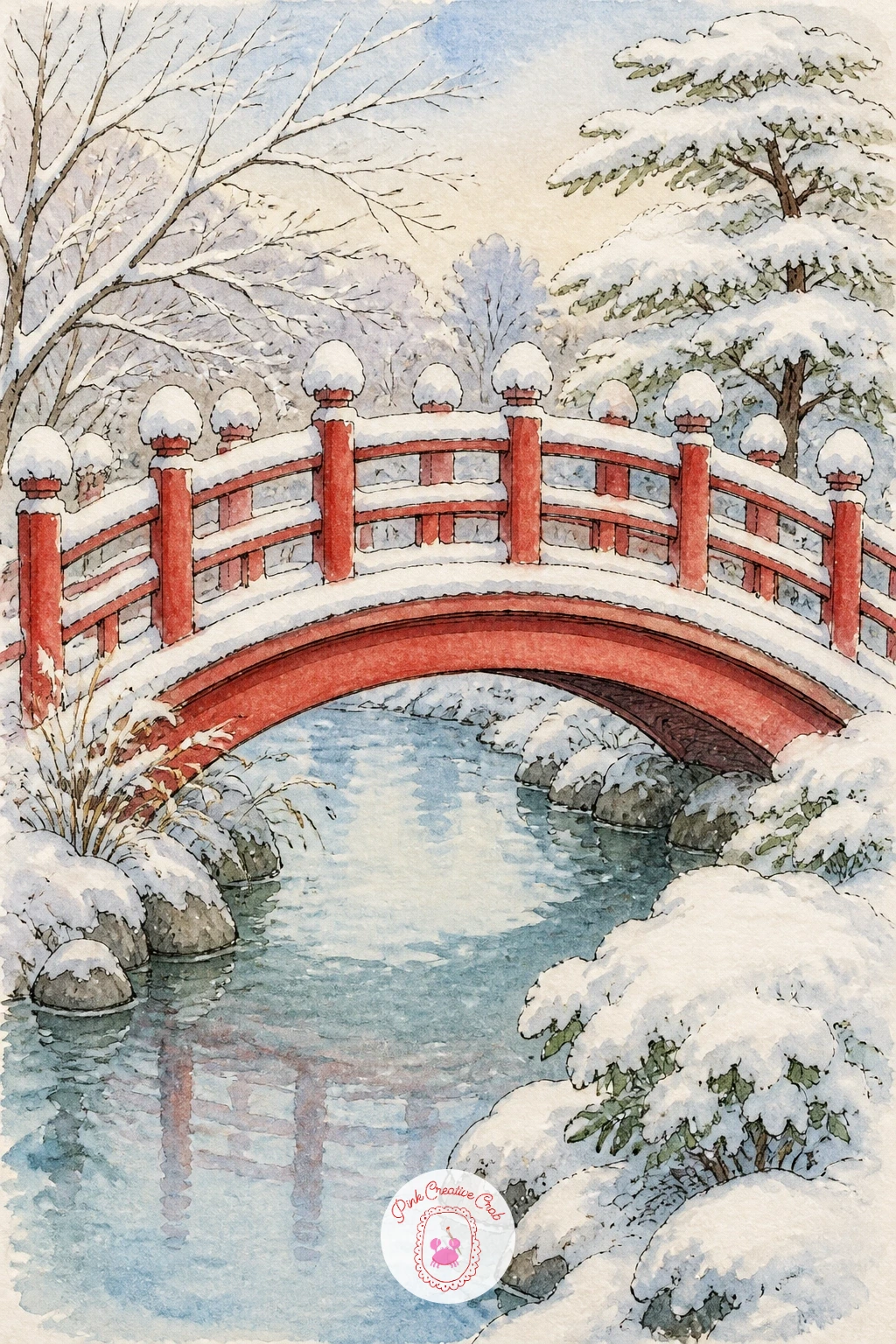 Arched Garden Bridge Capped With Fresh Snow — An arched garden bridge gives the sketchbook a graceful curve to balance out all the straight rooflines earlier