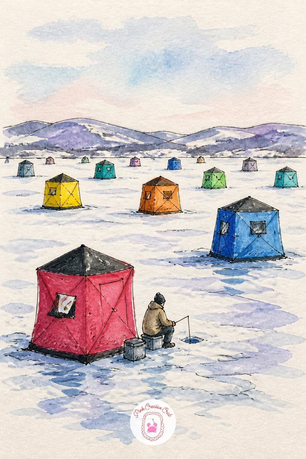 Village of Ice Fishing Tents on a Frozen Lake — Widen out onto the ice for a village of small ice fishing tents scattered across a frozen Hokkaido lake, each