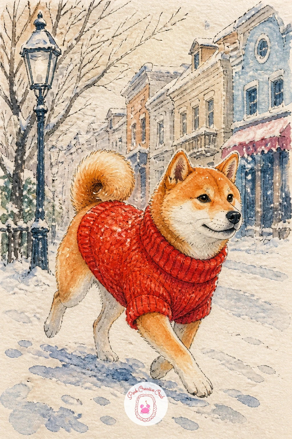 Shiba Inu in a Red Knit Sweater — Bring some warmth and personality to the page with a shiba inu trotting along a snowy street in a bright red knit sweater