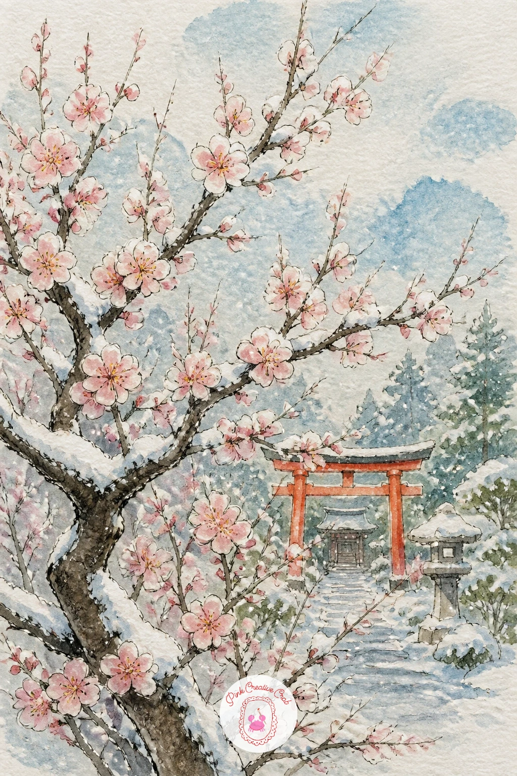 Plum Tree Blossoming Through Snow at a Shrine — A plum tree beginning to blossom through late snow is a lovely sign of the coming season, its branches still