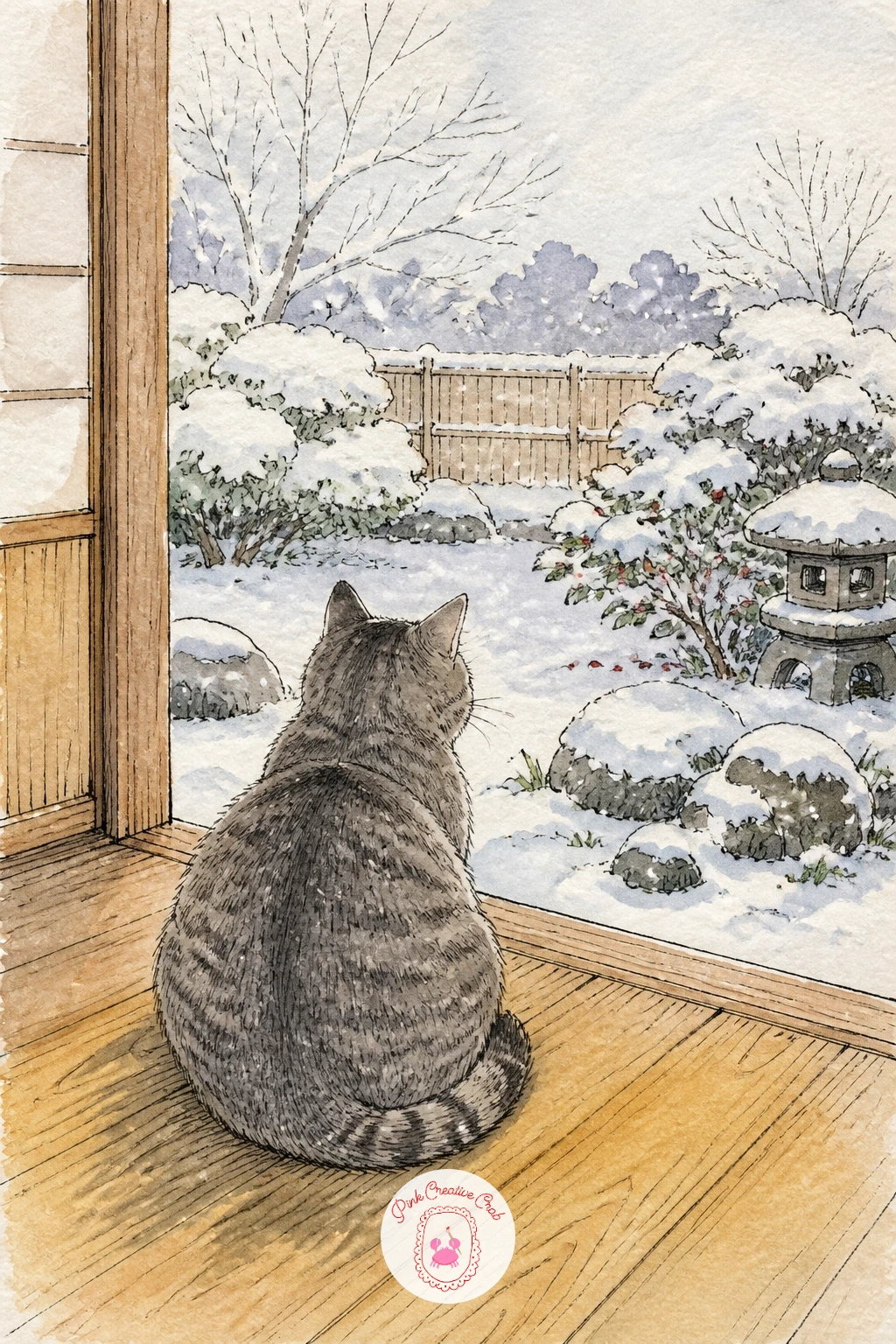 Cat Watching Snow From a Wooden Veranda — Close out the quieter pages with a cat sitting on a wooden veranda, watching snow drift down into a small garden just