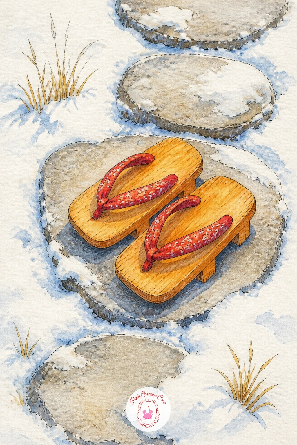Wooden Geta Sandals on Snowy Stepping Stones — Simplify things with a close, quiet still life: a pair of wooden geta sandals left behind on snowy stepping
