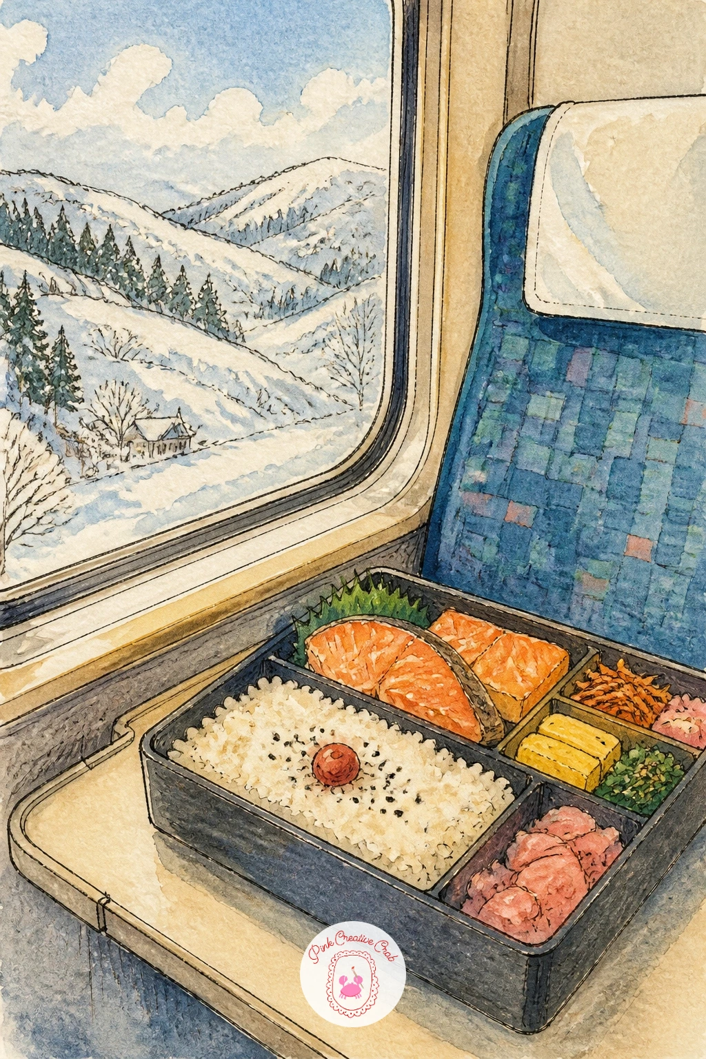 Bento Box on a Train Seat With Snowy Hills — Bring the sketchbook onto a train with a bento box resting on a seat tray, snowy hills sliding past the window
