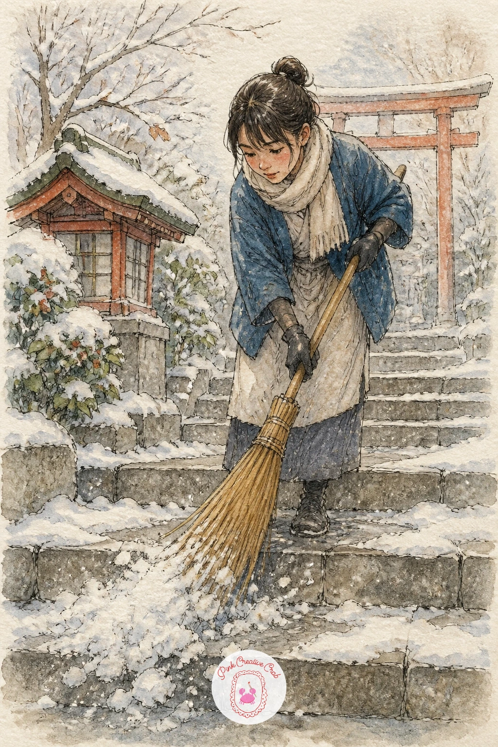 Woman Sweeping Snow From Shrine Steps — Finish the sketchbook with a small, quiet moment: a woman sweeping snow from the steps of a tiny shrine, broom angled