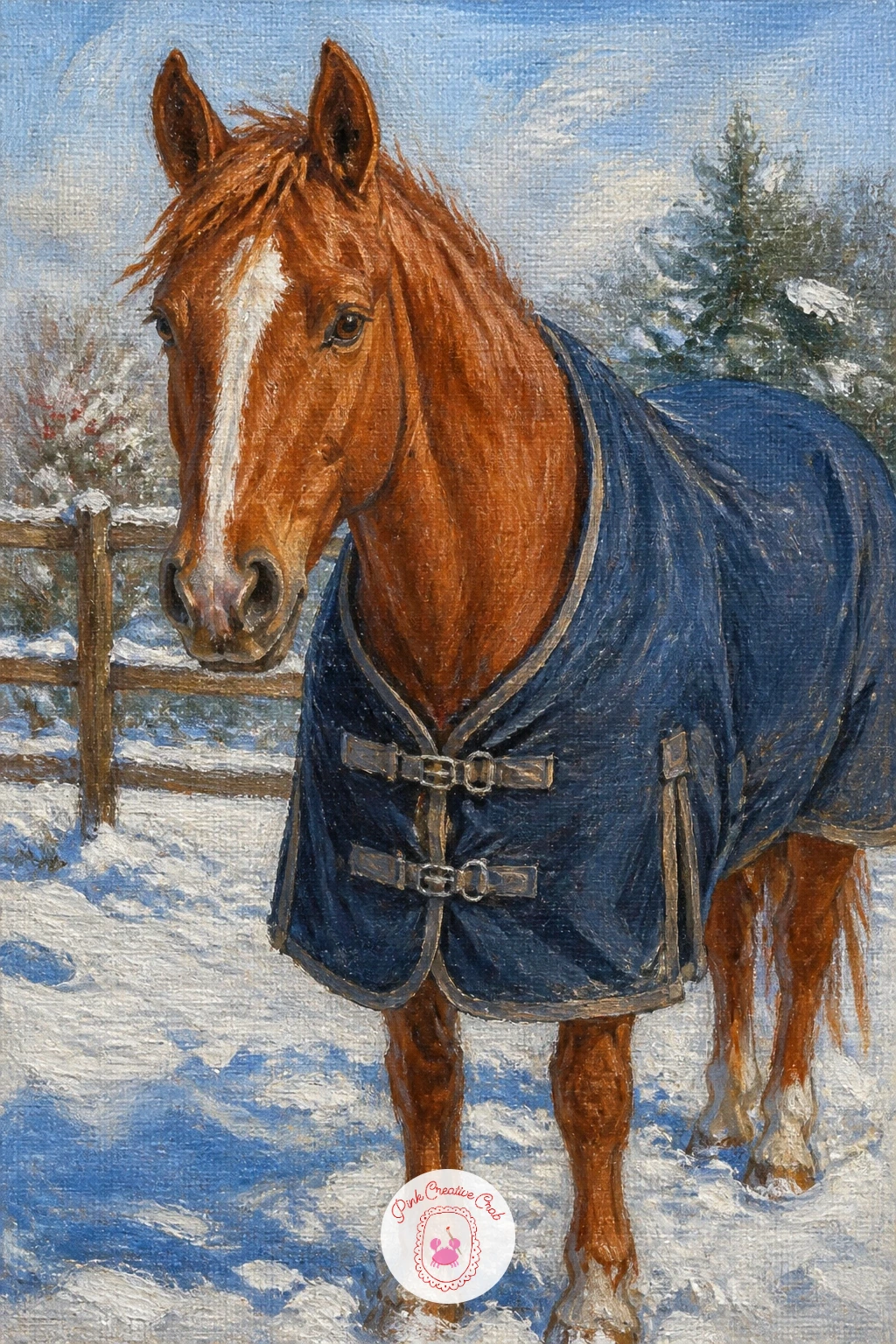 Chestnut Horse in Navy Turnout Blanket — Start a chestnut horse painting with the big shapes only: a loose oval for the body, a longer oval for the head and
