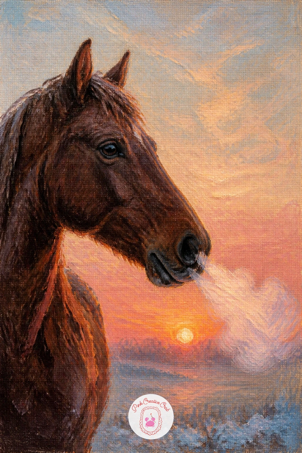 Horse Breathing Frosty Clouds at Sunrise — Think about where your light sits before you touch the canvas: a low sunrise behind the horse means the breath cloud