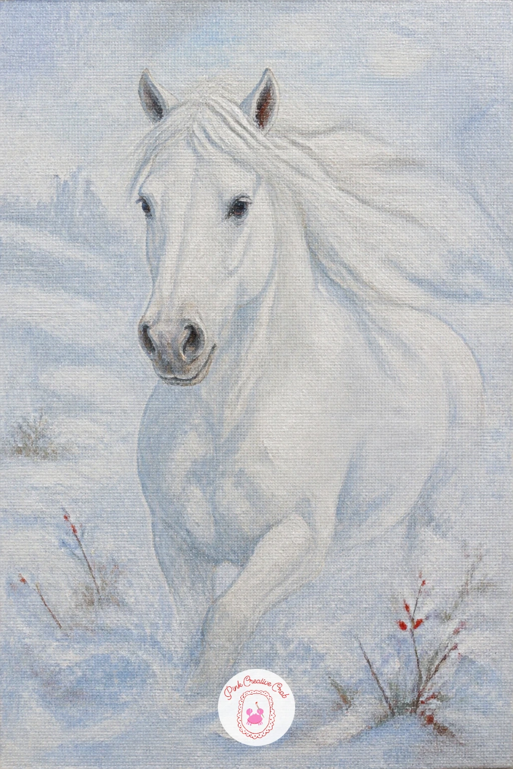 White Horse Blending Into Snow — Painting a white horse against snow is mostly about shadow, not white paint, since the two should nearly vanish into each