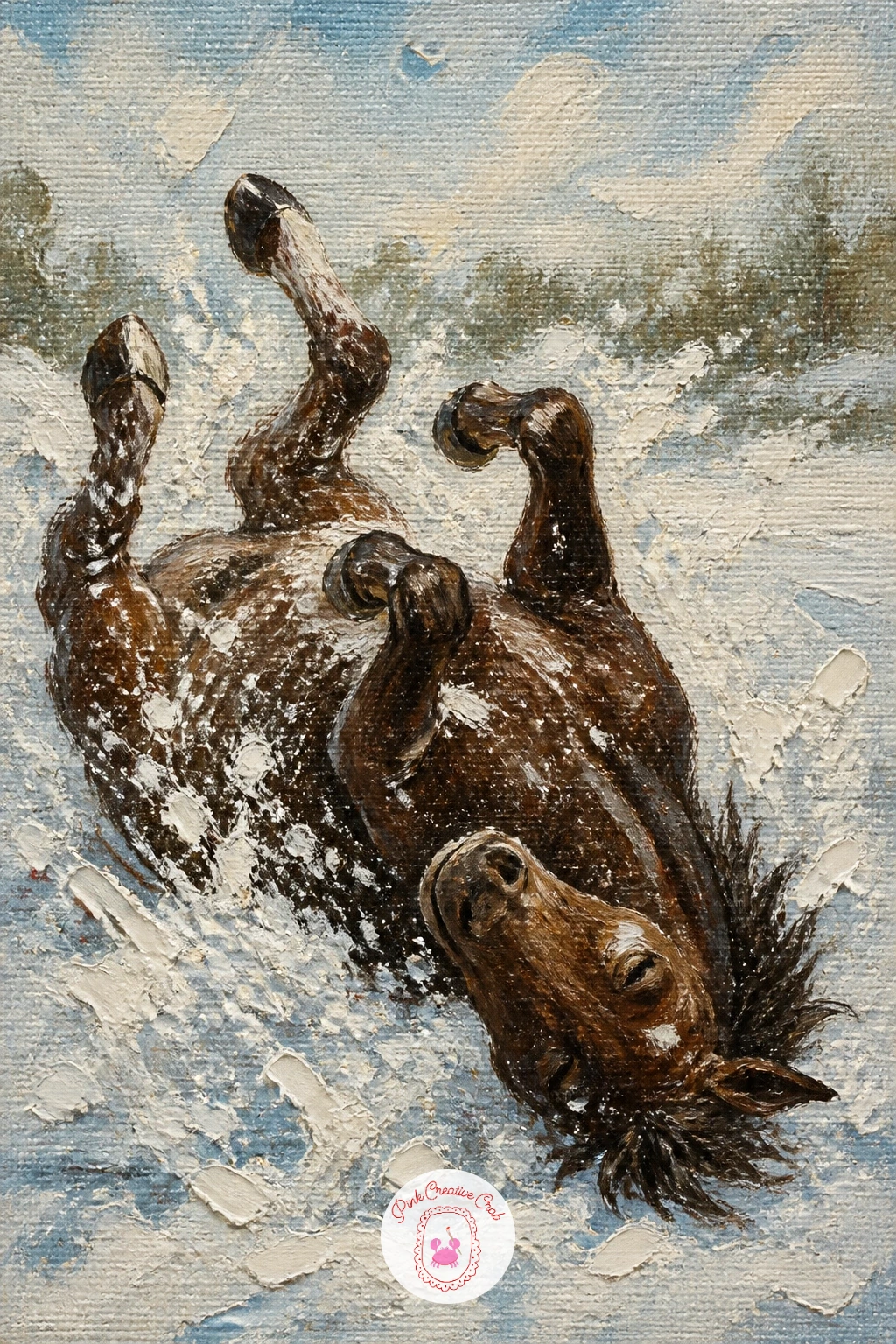 Horse Rolling Happily in Fresh Snow — A rolling horse breaks every rule of the standing pose, so let the legs go up and splayed and the body twist onto its
