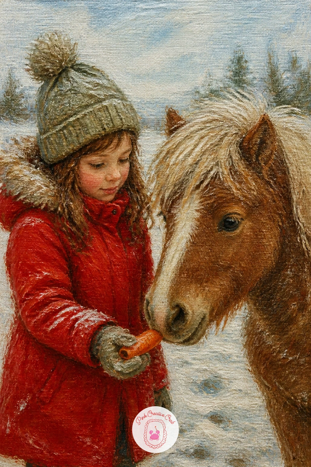 Girl in Cherry Red Coat Feeding a Pony — Build this one around the color contrast first: a small figure in a cherry red coat against a muted winter palette is