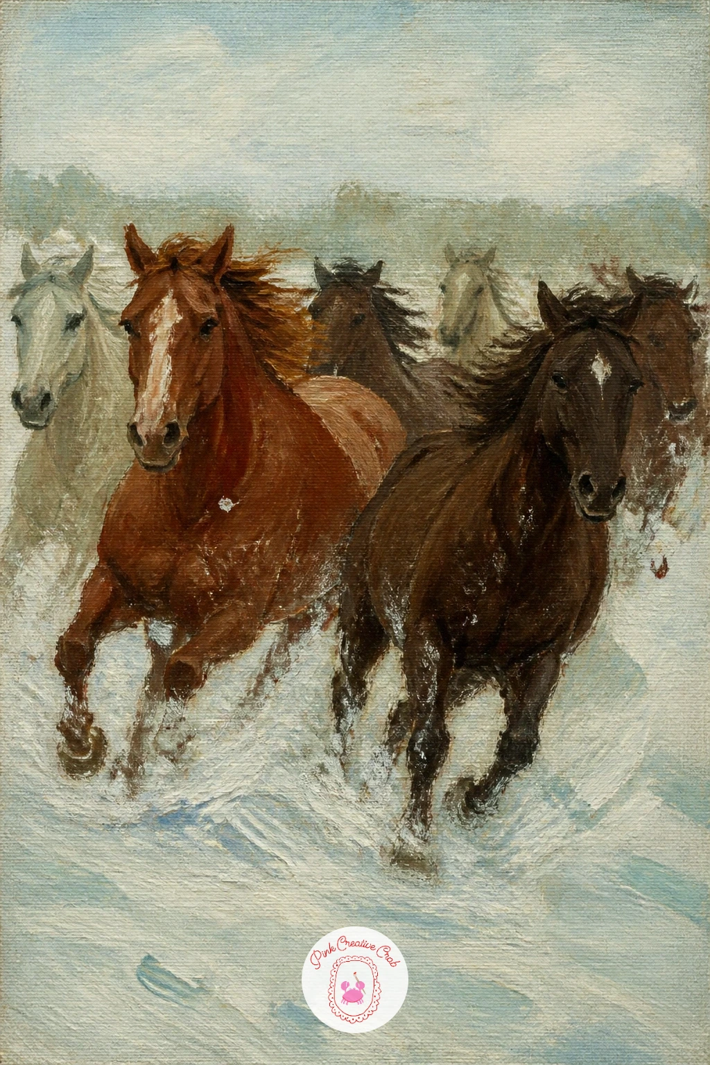 Herd of Horses Galloping Across Snow — Keep this one loose from the very first mark, since a galloping herd reads through motion and rhythm far more than