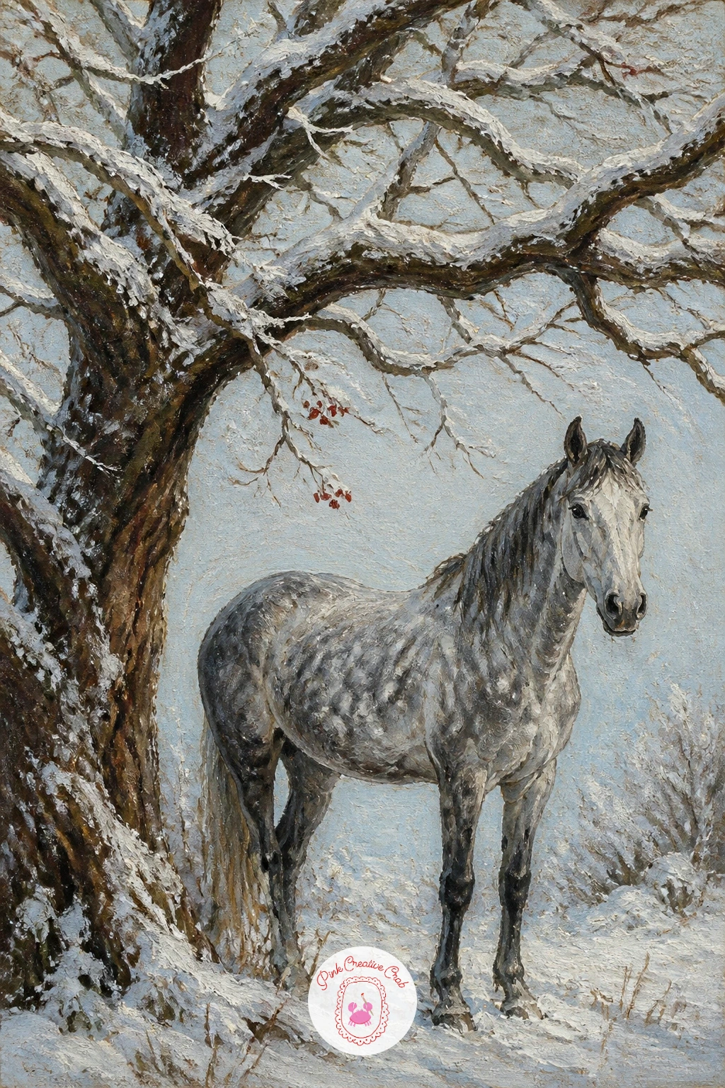 Dapple Grey Horse Under a Snowy Oak — Dappling is easier than it looks once you work in the right order: block the whole horse in a mid gray first, let it dry