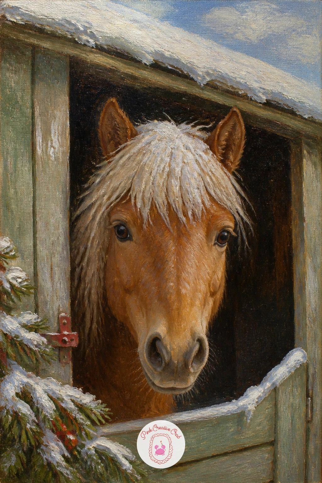 Pony With Snowy Forelock in Field Shelter — A field shelter gives you a dark rectangular opening to work with, so paint that first as a flat dark shape, then