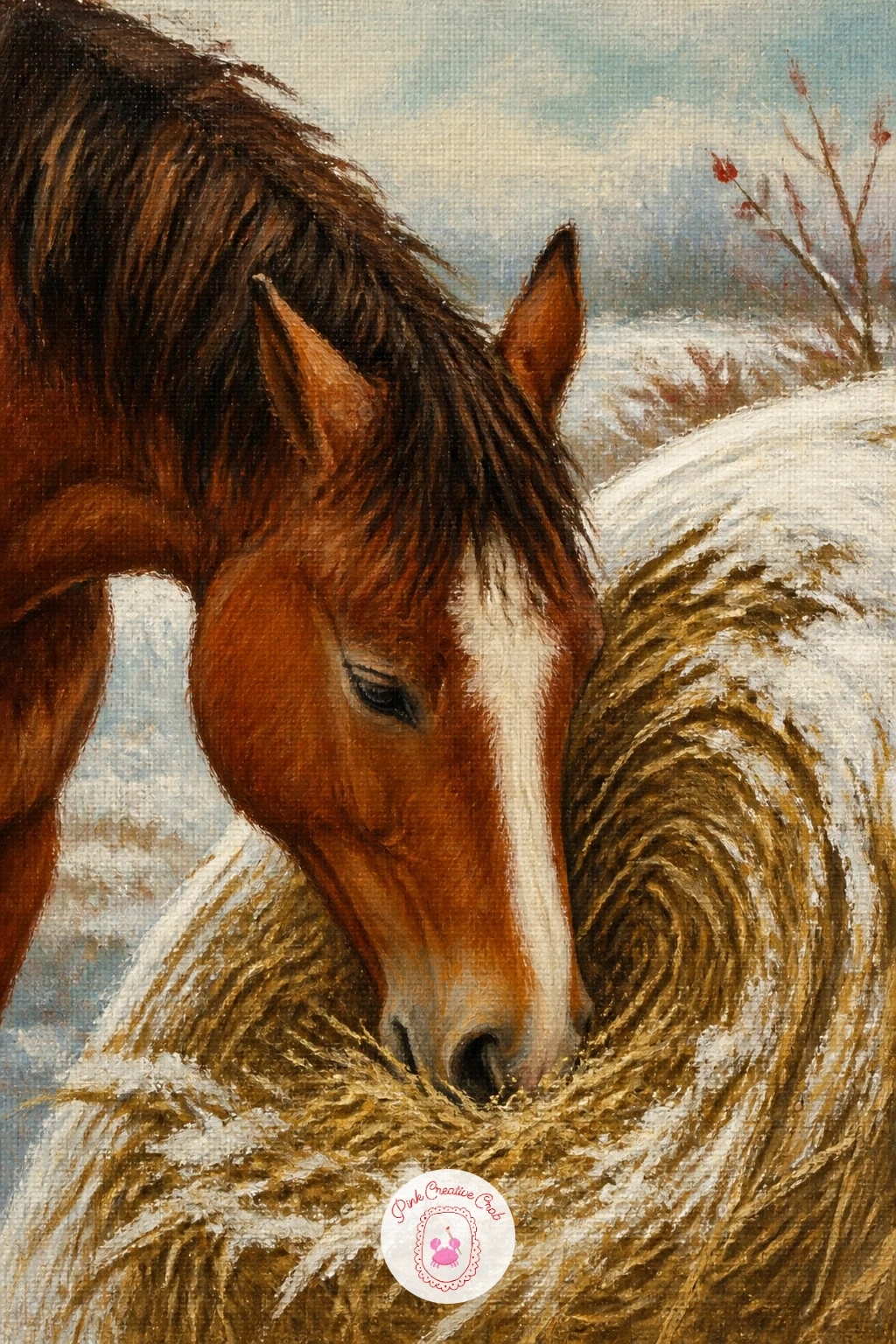 Horse Eating From a Snow-Dusted Hay Bale — Round hay bales are an easy shape to get wrong if you paint the circle too perfect, so rough up the outline slightly