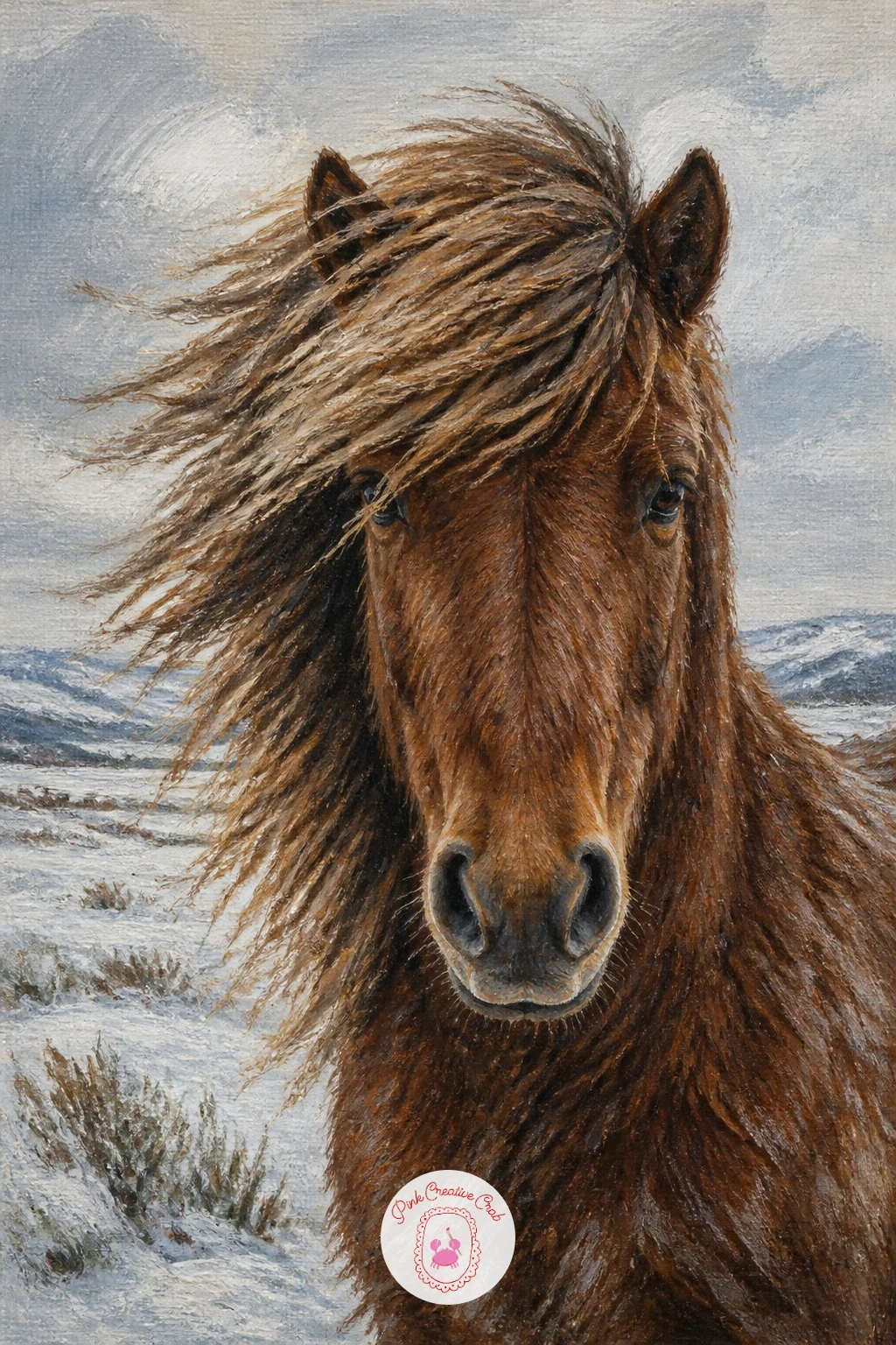 Icelandic Horse in a Windy Snowy Landscape — The shaggy double mane on an Icelandic horse is the whole character of this painting, so give it more volume than