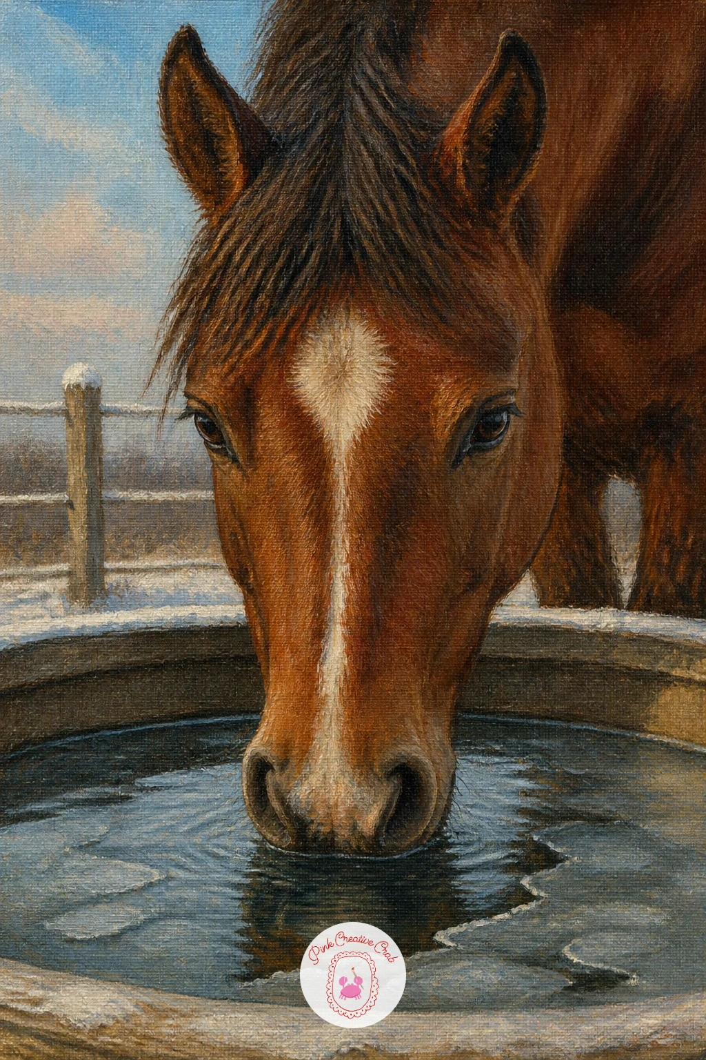 Horse Drinking From an Icy Water Trough — Painting ice on water is mostly about value, not detail, so leave a thin pale gray-white band across the surface of