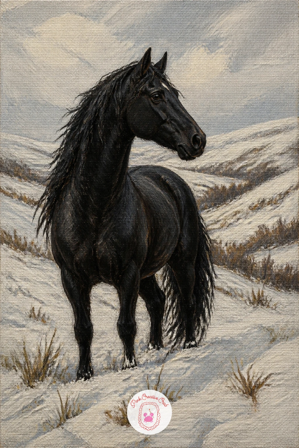 Black Horse on a White Winter Hillside — This is a strong value contrast idea, so commit to real black early, a mix of ivory black with a touch of burnt umber