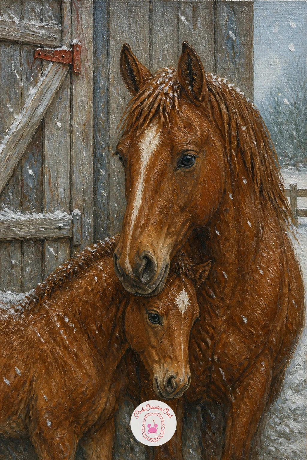 Mare and Foal Sheltering by a Barn — Start with the wooden barn wall as a large, simple backdrop, vertical plank lines in weathered gray-brown, since this