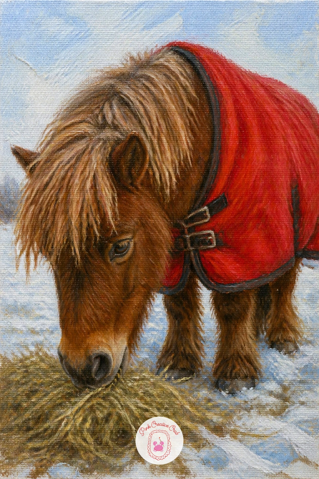 Pony in Cherry Red Blanket Nibbling Hay — Let the cherry red fleece blanket be the first color decision you make, mixing it bright and pure before anything