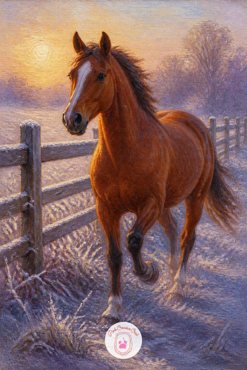 Horse Trotting Along a Frosty Fence Line at Dawn — Set your light source low and warm here, a dawn sun somewhere off to one side, which means the fence posts