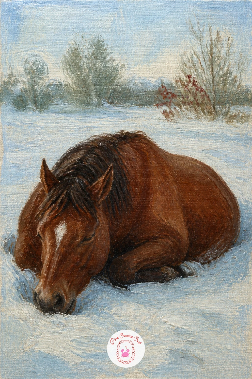 Horse Lying Down for a Nap in Snow — A resting horse lying down is a much lower, more compact shape than a standing one, so flatten your whole silhouette and