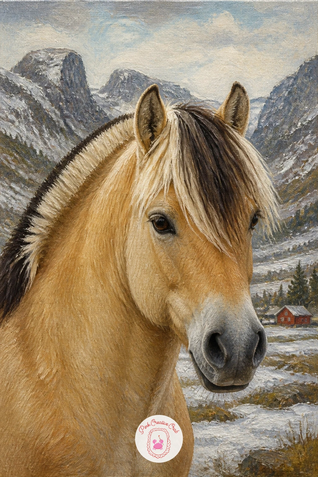 Fjord Horse With Two-Tone Mane in a Norwegian Valley — The two-tone mane is the defining feature here, a dark stripe running through paler hair, so paint the