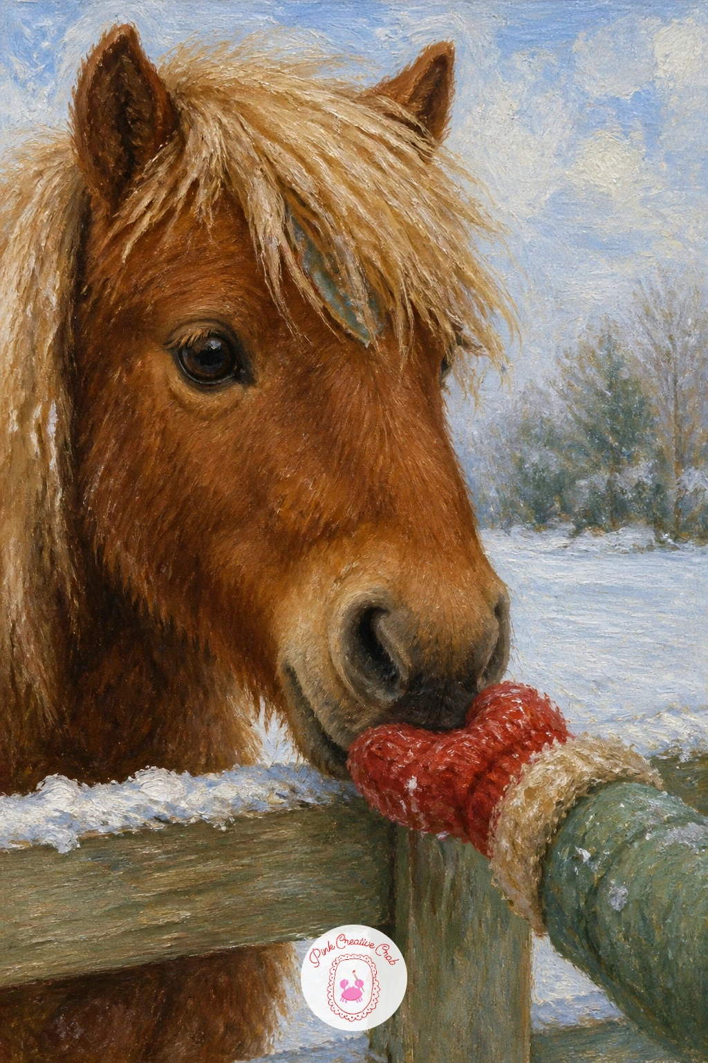 Pony Nuzzling a Child's Mittened Hand Over a Gate — Build this one around a single point of contact: the pony's nose meeting the child's mitten, so place that