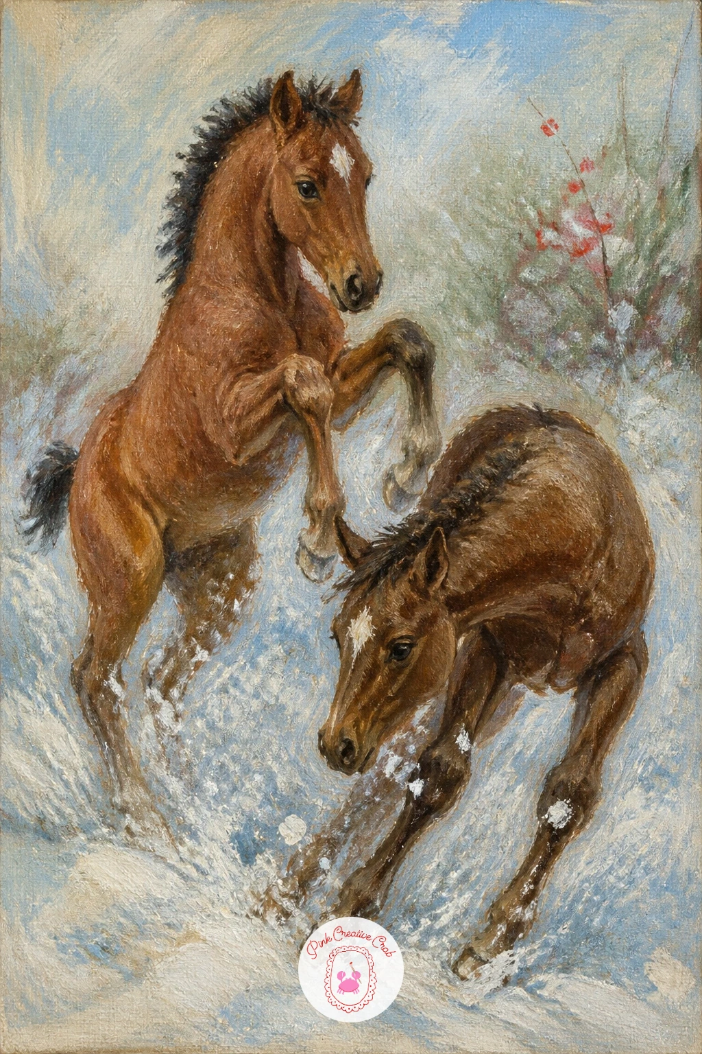 Two Foals Playing in the First Snow — Give each foal a clearly different pose so the pair reads as play rather than two identical shapes standing near each