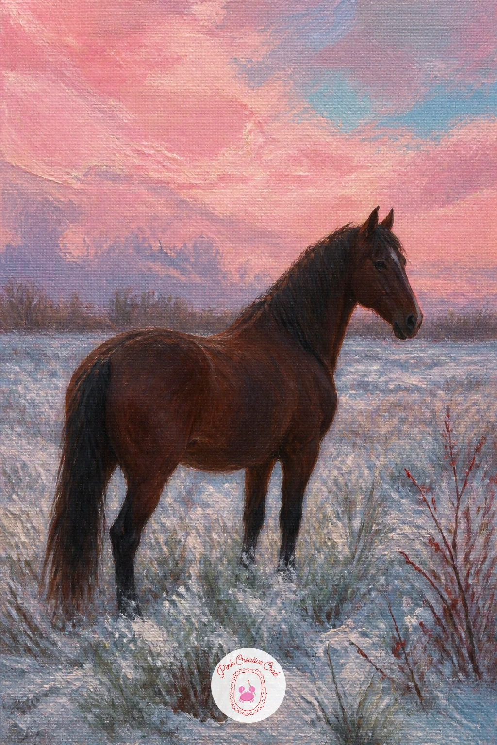 Horse Under a Pink Winter Sky — Let the sky do most of the emotional work here, blending soft bands of pink, lavender and pale gold across the top two thirds