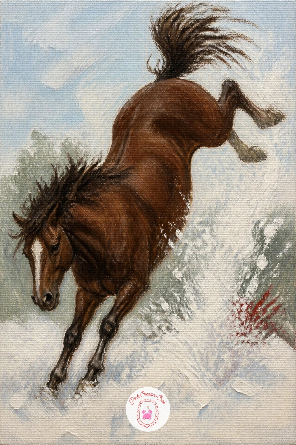 Horse Kicking Up Powder While Bucking — Push the energy of this pose further than feels comfortable, both hind legs kicked up and out, head low, back slightly