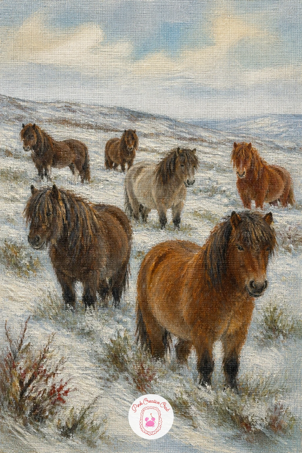 Herd of Wild Ponies on a Snowy Moor — An open moor gives you almost no landscape detail to lean on, just rolling ground and sky, so the ponies themselves need