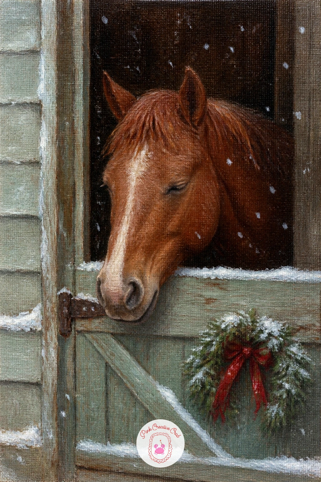 Horse Dozing in a Stable Doorway While Snow Falls — Bring together several ideas from this list for a calm finishing piece: the dark stable interior from the