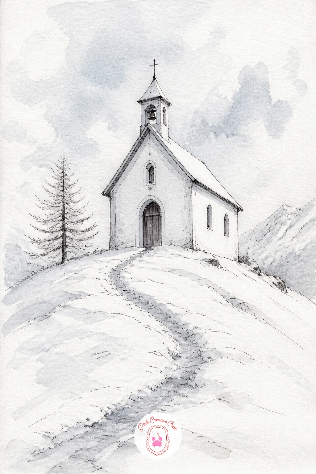 White Chapel on a Snowy Hill — Start with the simplest church on this list: a white chapel on a snowy hill, reached by a single path to its door. Church drawing