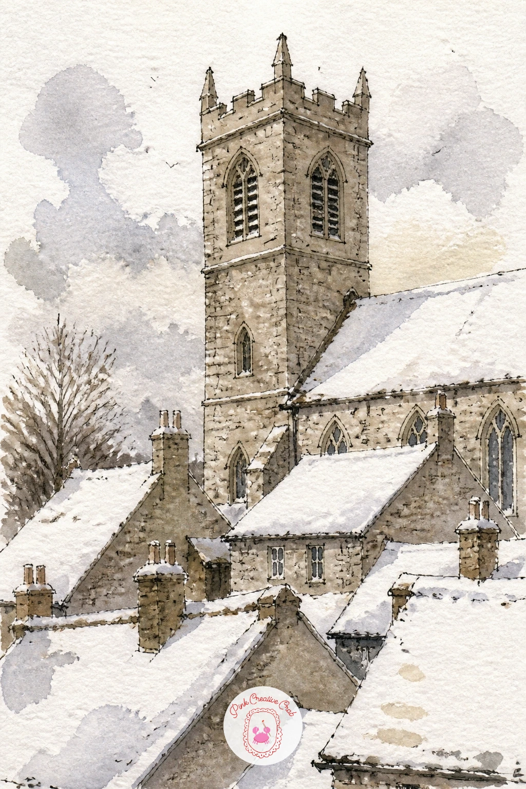 Stone Church With a Square Bell Tower — Move from a lone chapel to a small village cluster with a stone church with a square bell tower rising above snowy