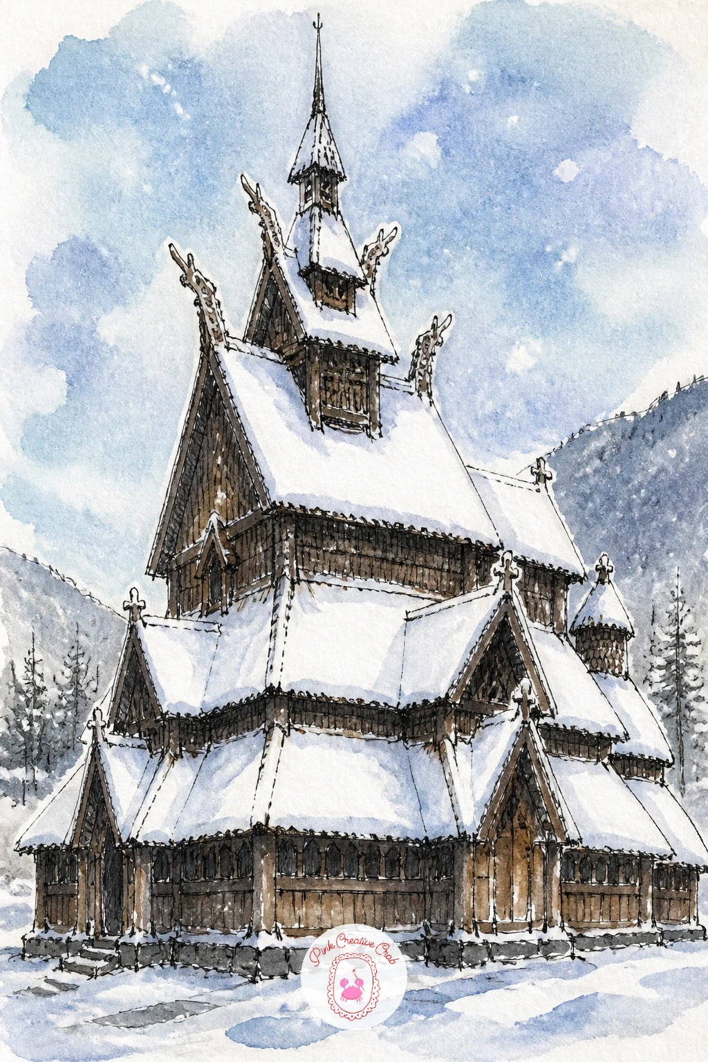 Wooden Stave Church Under Heavy Snow — Once you are comfortable with a simple tower, try the wooden stave church of Norway, with its stacked, tiered roofs