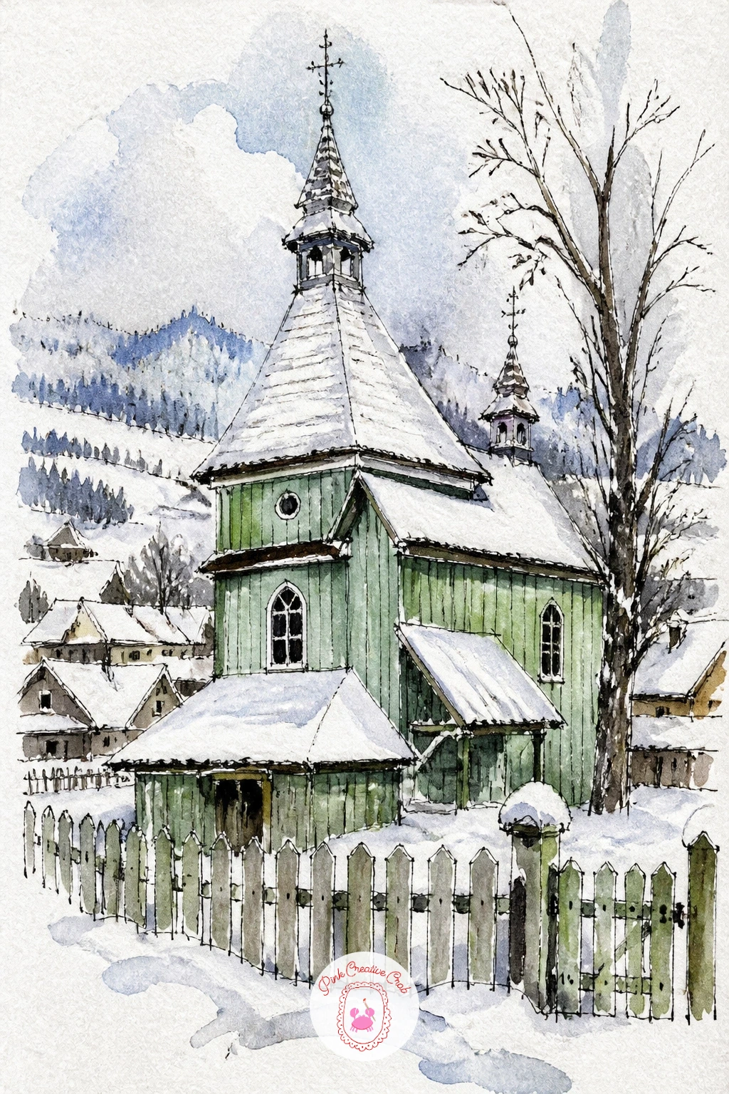 Painted Wooden Church in a Carpathian Village — Color enters the scene properly with a painted wooden church in a snowy Carpathian village, its walls a soft