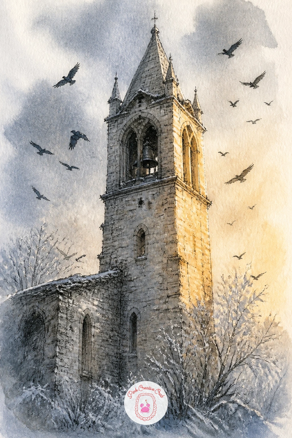 Bell Tower With Crows on a Frosty Morning — Bring in some life with a bell tower with crows circling on a frosty morning, a subject that rewards a loose, quick