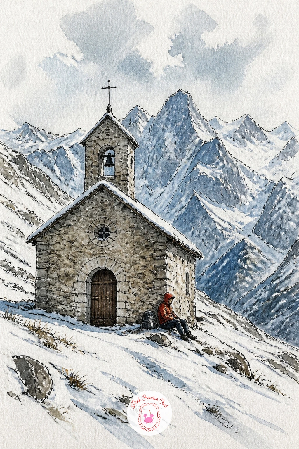 Chapel in a Snowy Mountain Pass — For a scene with real depth, try a chapel in a snowy mountain pass with a hiker resting beside it, tiny against the slopes.