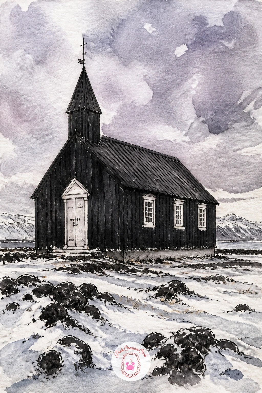 Icelandic Black Church on a Lava Field — Few churches make a bolder sketch than an Icelandic black church on a snowy lava field, its dark timber body set