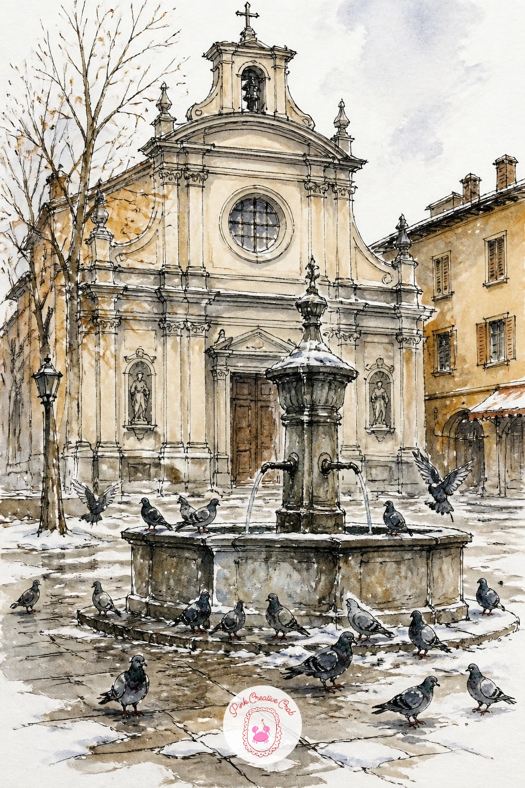 Church Square With a Fountain and Pigeons — Shift from wild landscape to town life with a church square with a fountain and pigeons gathering in light snow.