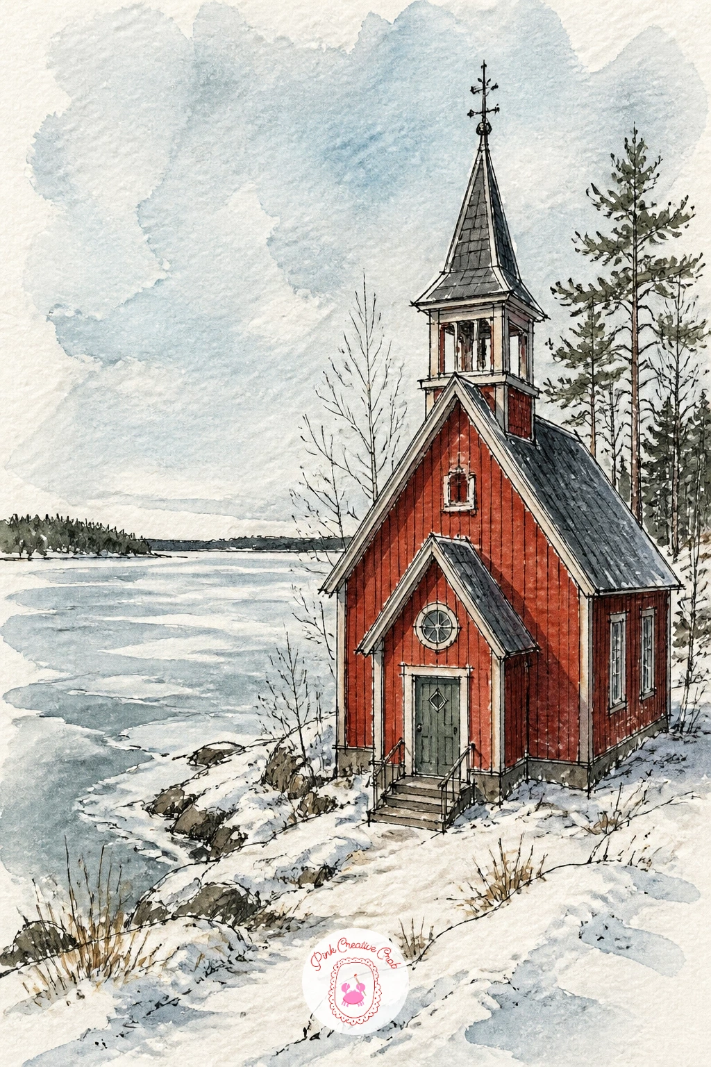 Red Wooden Church by a Frozen Lake — Water brings a new challenge, so try a red wooden church by a frozen lake in Finland, its color the one warm note against