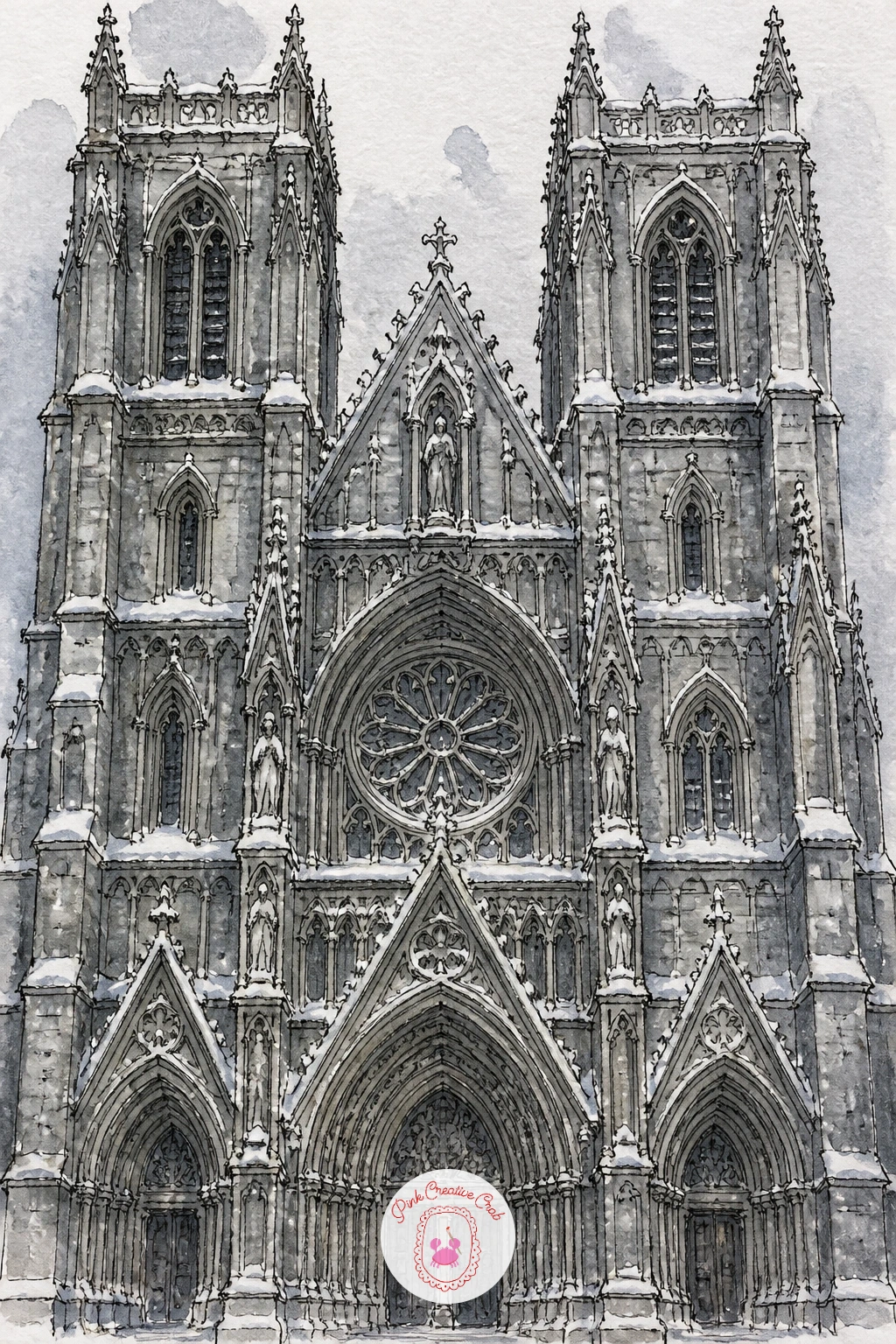 Gothic Cathedral Front With Snow on Every Ledge — Step up the detail with a gothic cathedral front with snow resting on every ledge and carved recess. Church