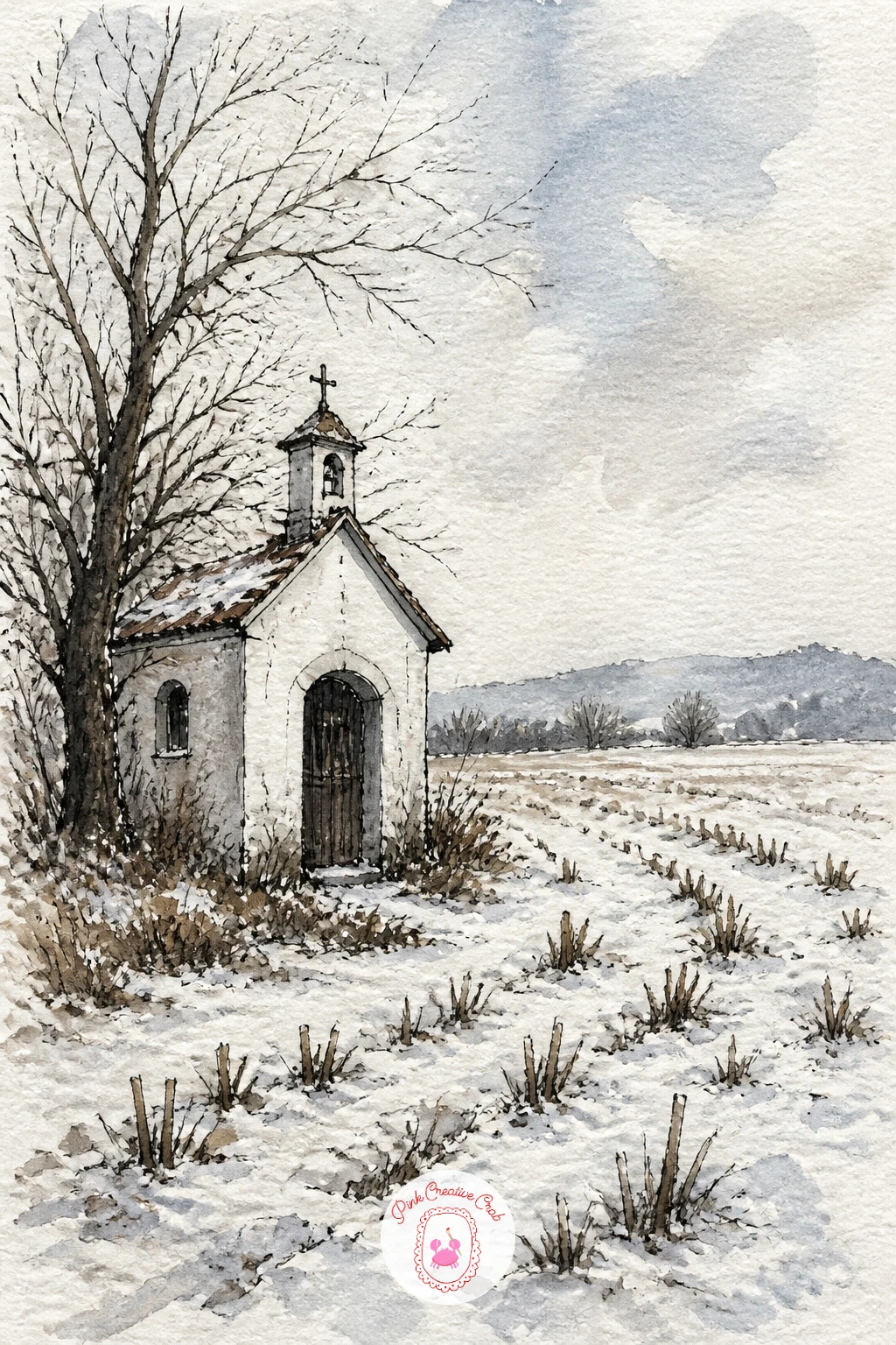 Tiny Roadside Chapel by a Stubble Field — Return to something small and calm with a tiny roadside chapel beside a snowy stubble field, barely bigger than a