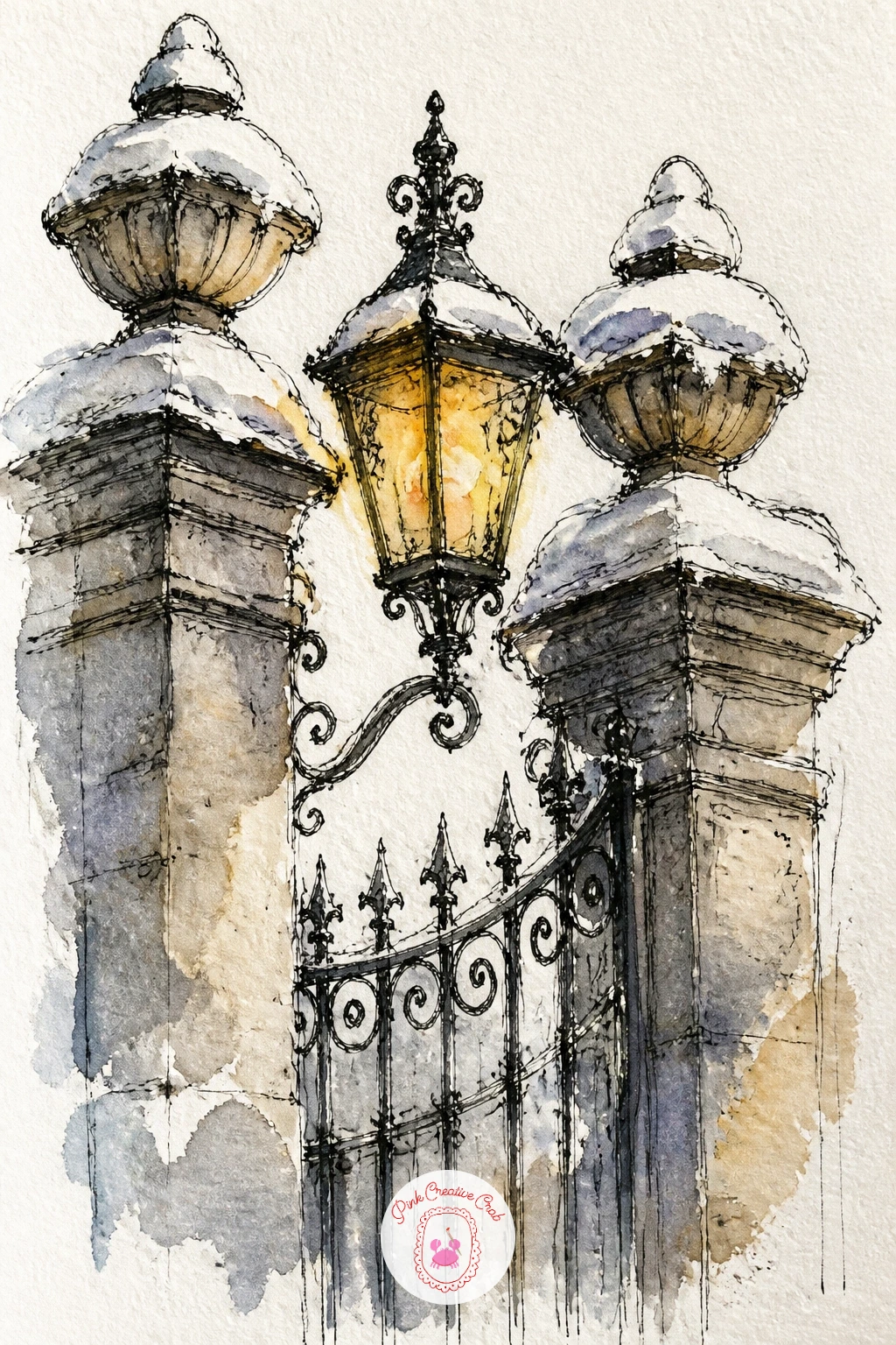 Church Gate With Stone Pillars and an Iron Lantern — Narrow the view right in for a church gate with snowy stone pillars and an iron lantern, a close up detail
