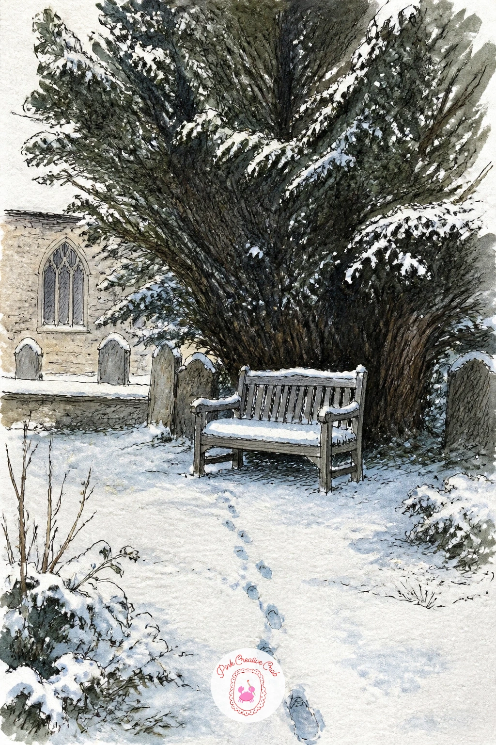 Church Garden With a Snowy Bench Under a Yew — Slow the pace down with a church garden with a snowy bench under an old yew tree, a quiet corner rather than the