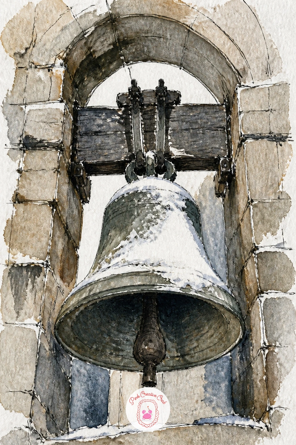 Bell Tower Close Up With Snow on the Bells — Get in close again for a bell tower seen up close with snow resting directly on the bells themselves. Church
