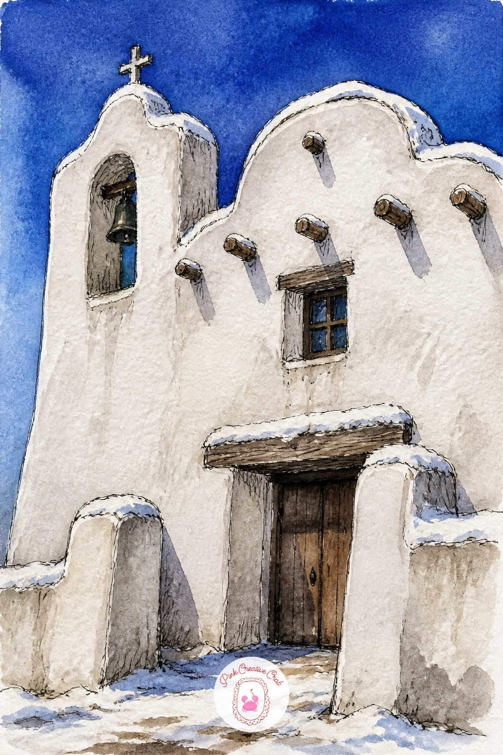 Whitewashed Adobe Mission Church in New Mexico — Change climate entirely for a whitewashed adobe mission church dusted with a light snow in New Mexico, its