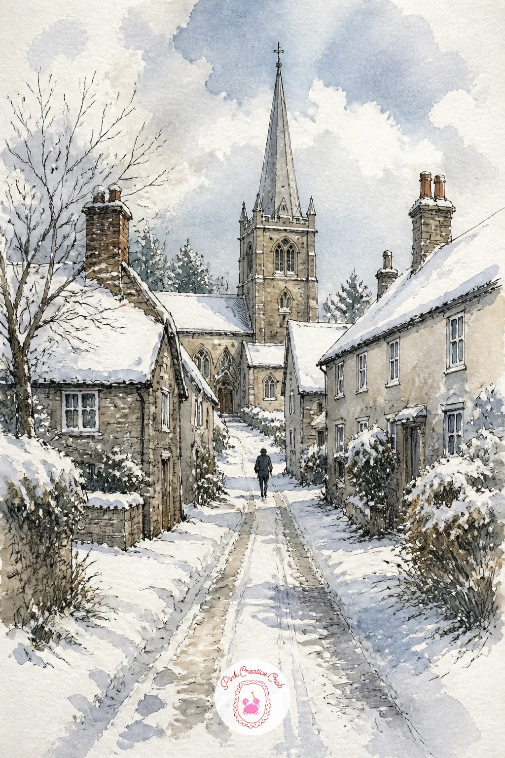 Village Church at the End of a Snowy Lane — Build a full street scene with a village church at the end of a snowy lane of cottages, using the lane itself to