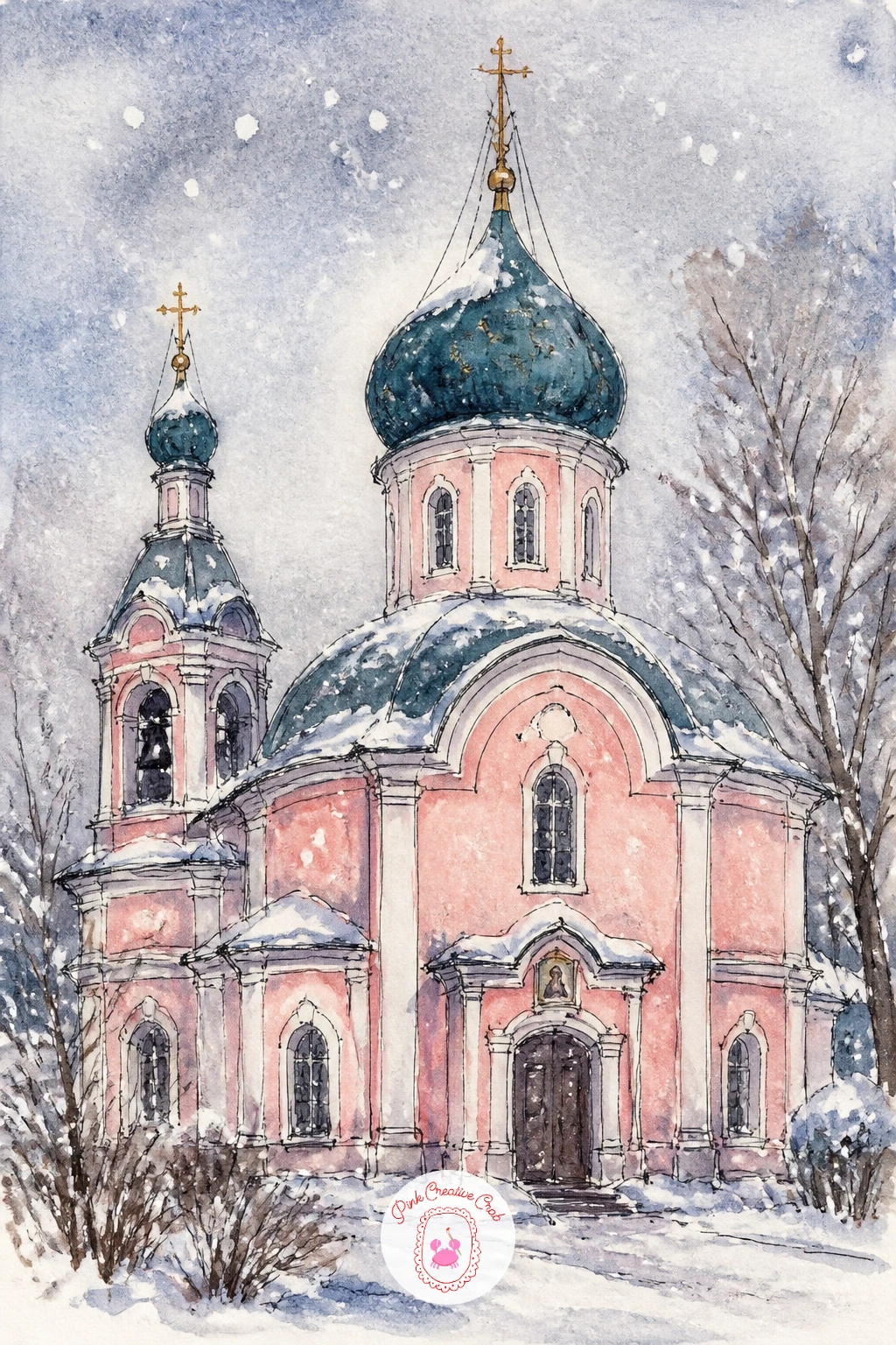 Onion Dome Church in Falling Snow — Try a rounder silhouette with an onion dome church with pastel walls standing in actively falling snow. Church drawing