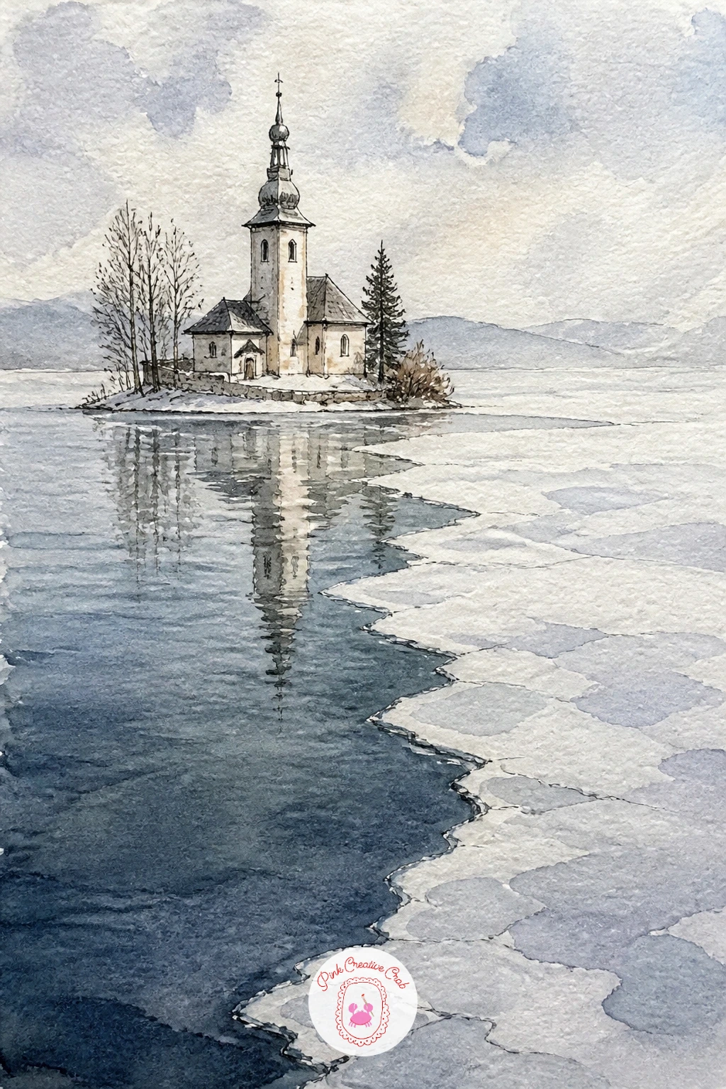 Church on a Small Island in a Half Frozen Lake — Add real distance with a church on a small island in a half frozen lake, its shape small and isolated against
